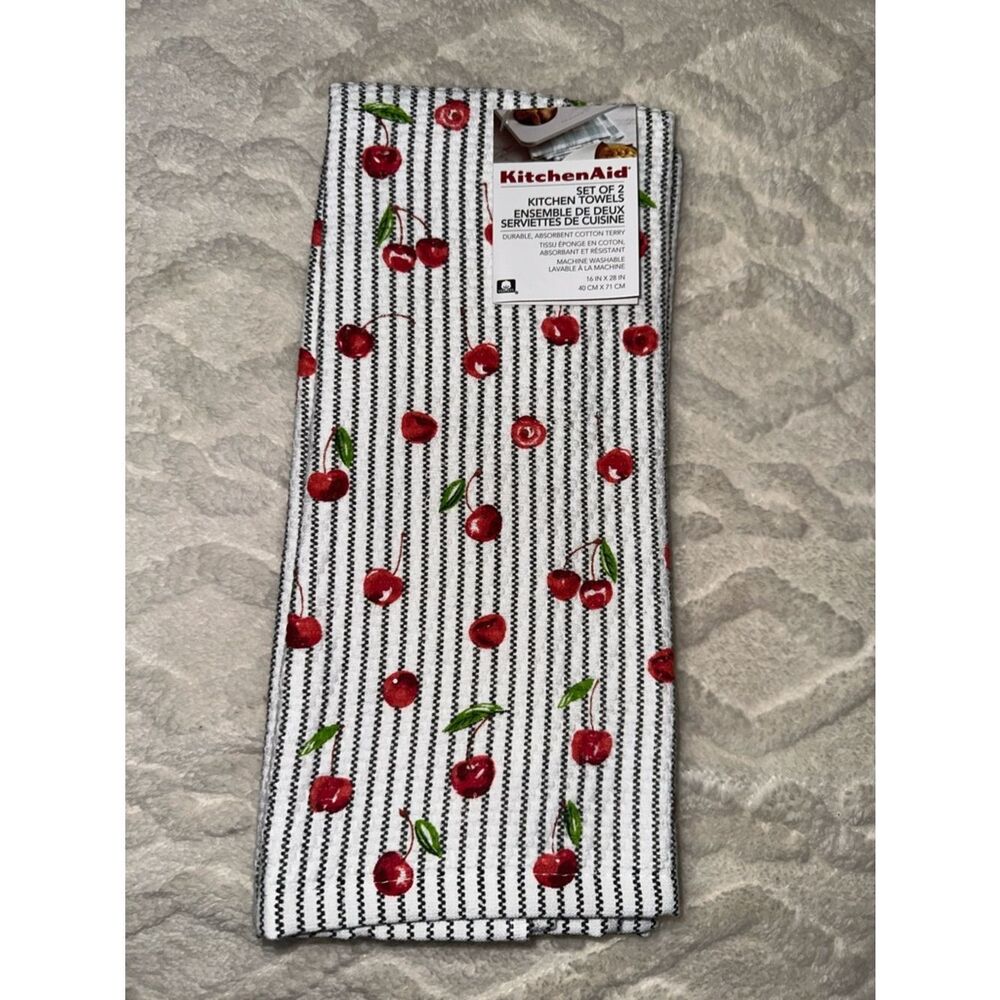 KitchenAid White Red Black Green Cherry Print Terrycloth Cotton Kitchen Towels